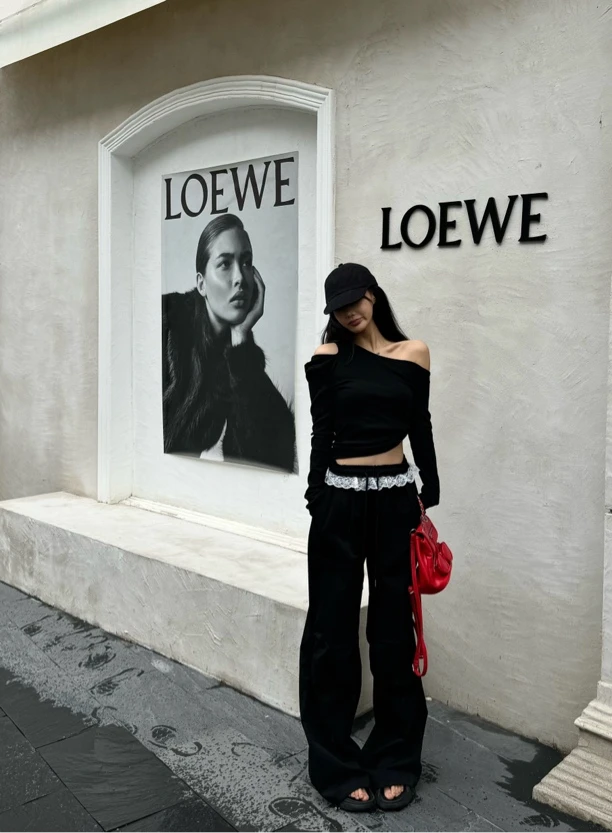 【DAPING】设计感一字肩/蕾丝边工装裤