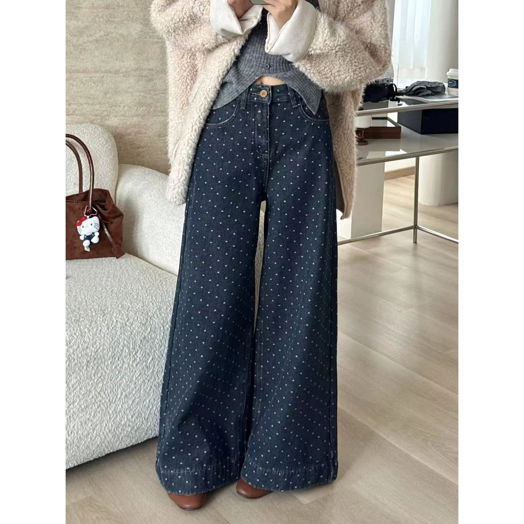 SP超好看！爱心圆点水洗高腰阔腿显瘦牛仔裤加绒磨毛9分阔腿牛仔裤