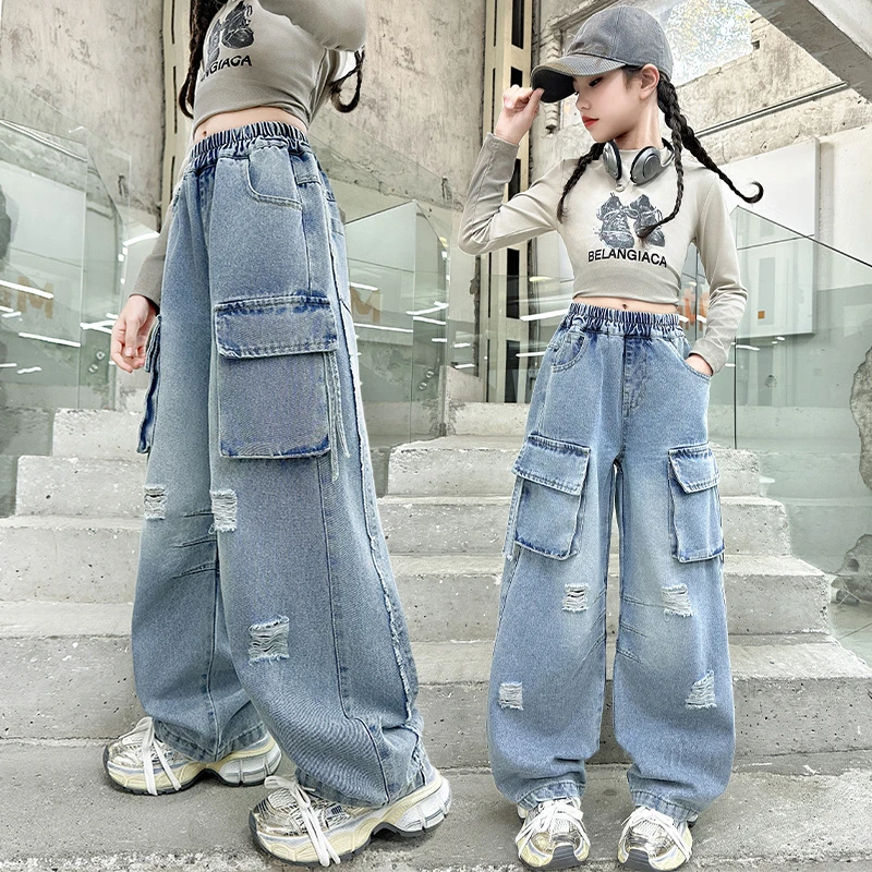 女童工装牛仔裤春秋装2025新款中大童潮酷破洞直筒裤子宽松阔腿裤