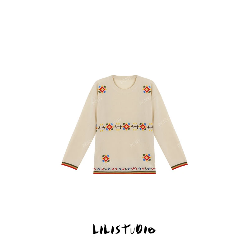 PCNY「回文织梦」不理理夏季新款小众女装民族风几何刺绣长袖针织衫