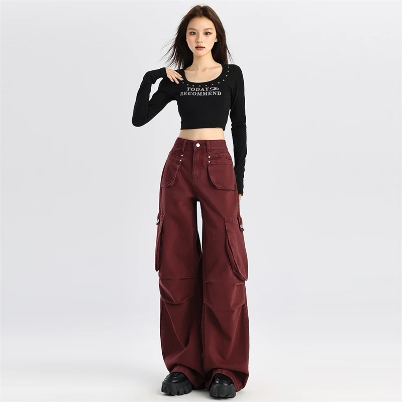 ZZR安可拉红复古加厚工装牛仔裤女新款百搭高腰多口袋加绒阔腿裤