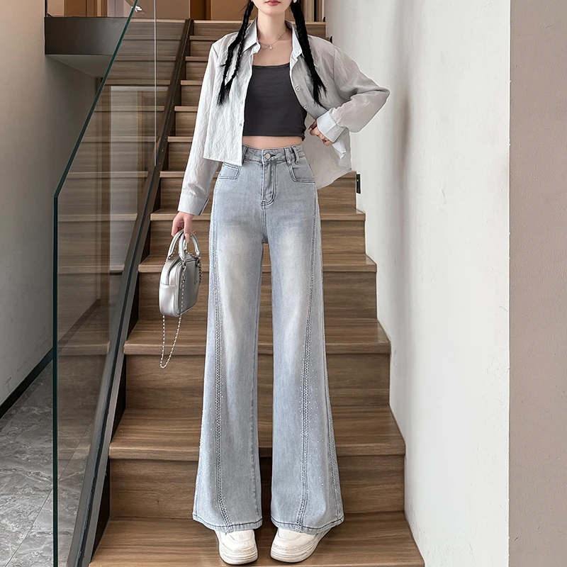 【小个子定制】2025新款设计感星空烫钻垂感直筒弯刀拖地牛仔裤