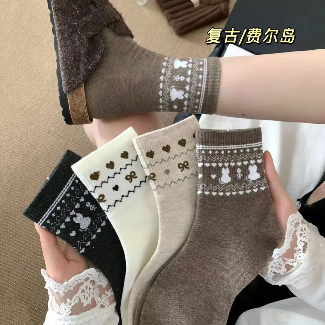 秋冬新款复古民族风菲尔岛袜子女士中筒袜ins风百搭长筒袜潮流XL