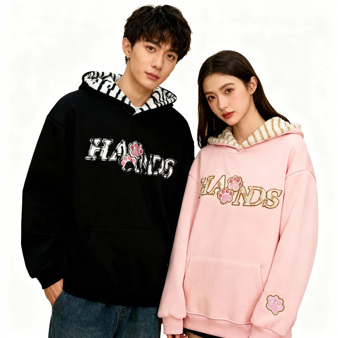 HandSeven秋冬毛绒猫爪刺绣重磅卫衣外套休闲连帽卫衣加厚保暖ins