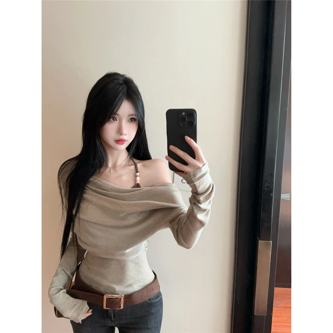复古一字肩假两件斜肩长袖T恤秋季气质辣妹百搭修身显瘦打底上衣