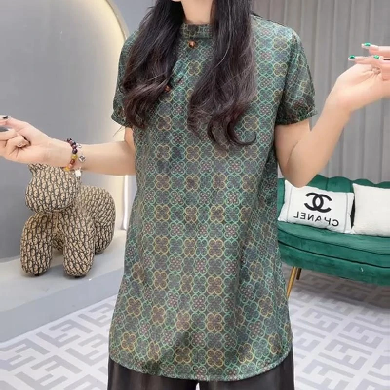 新中式复古国风盘扣立领衬衫夏季新款别致洋气绿色印花短袖上衣女