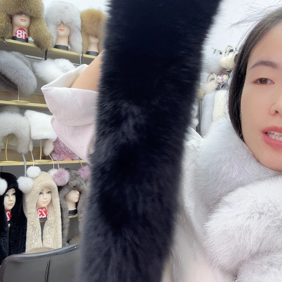 兔皮黑色双面狐狸毛围巾