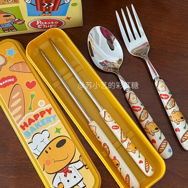 卡通面 面包狗陶瓷柄304不锈钢勺叉学生家用可爱宿舍可携式筷子组