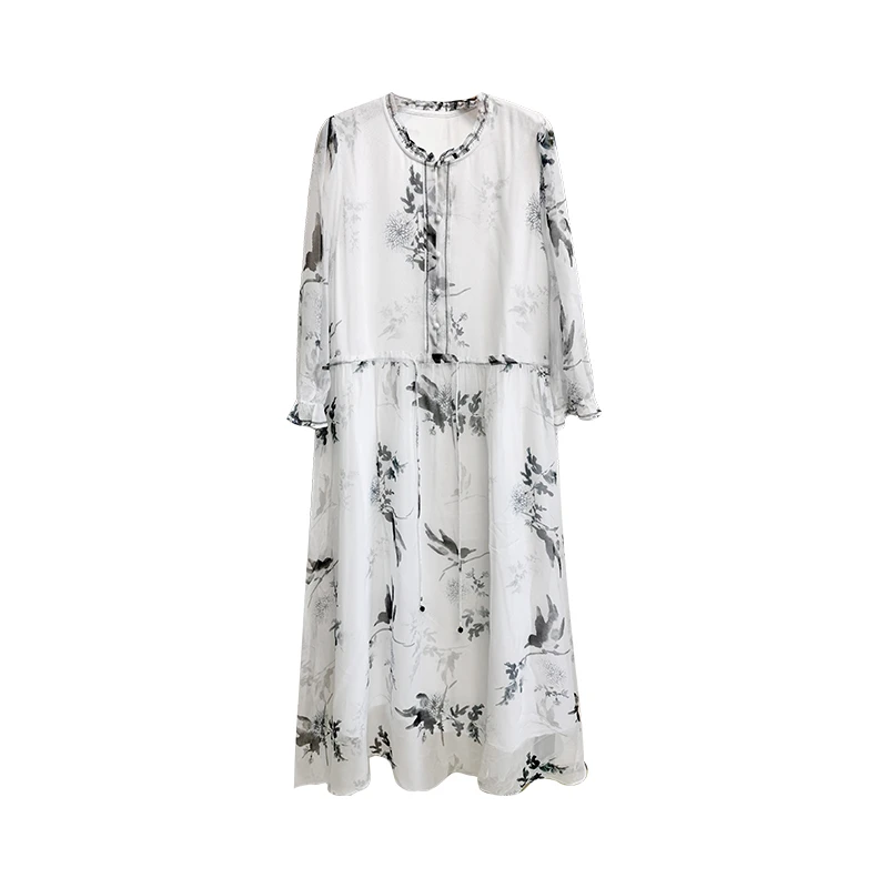 新款桑蚕丝宽松连衣裙气质轻奢显瘦时尚花色LW  83607