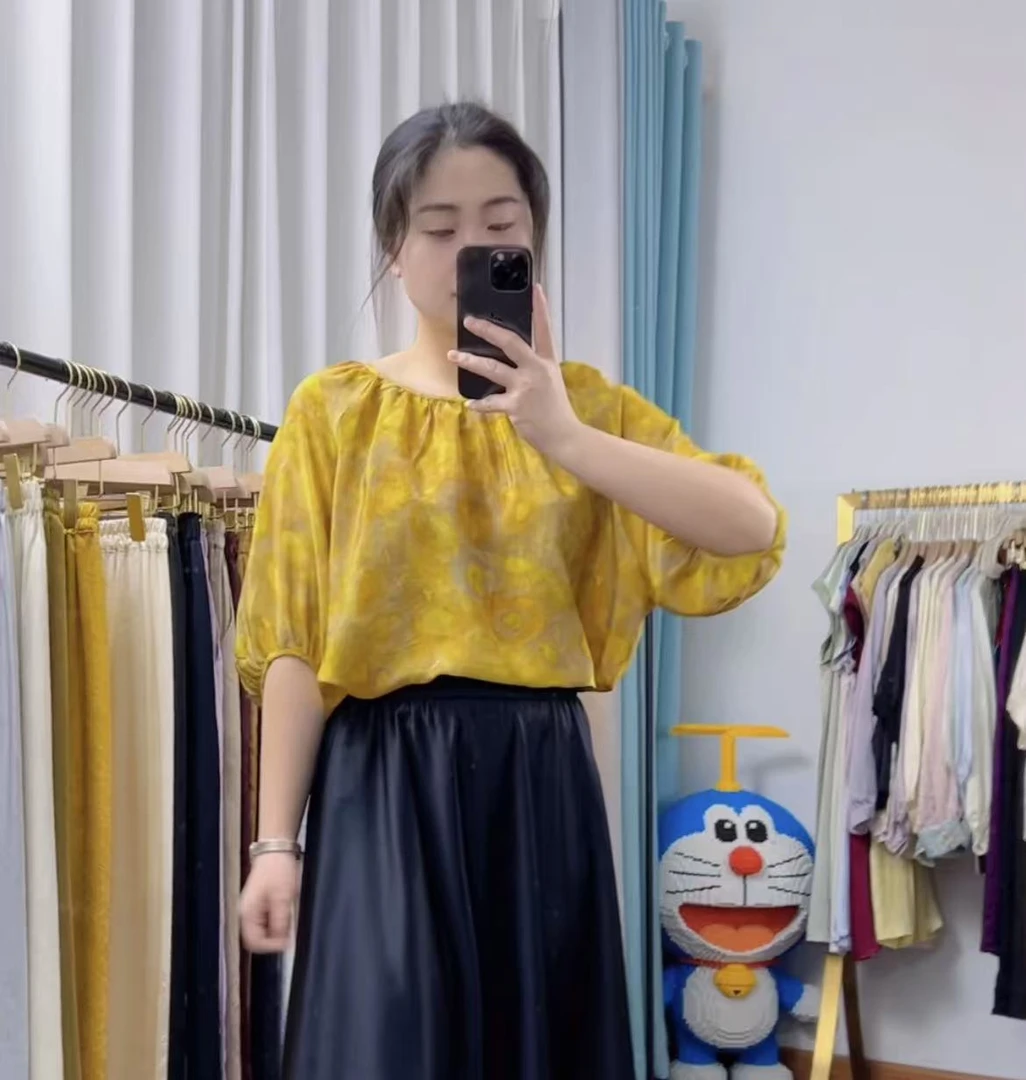 100%桑蚕丝真丝双绉优雅度假风插肩袖减龄显瘦上衣女-005