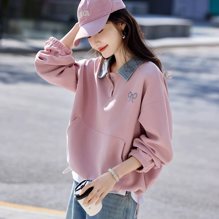 衬衫领假两件卫衣女春秋新款落肩袖宽松百搭休闲设计感刺绣卫衣