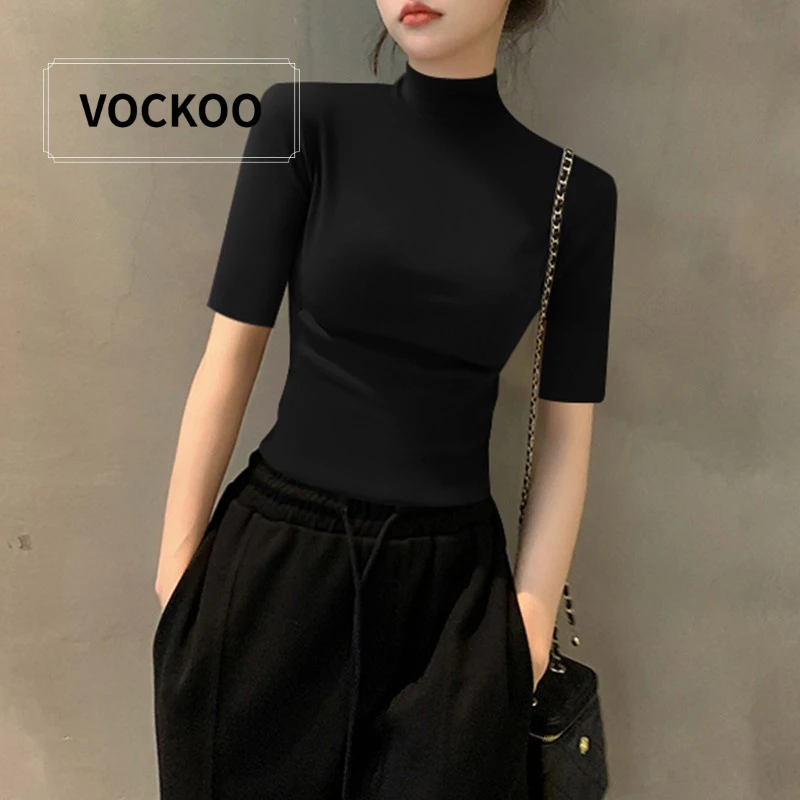 VOCKOO夏季新款黑色半高领中袖T恤女五分袖薄款修身打底针织螺纹