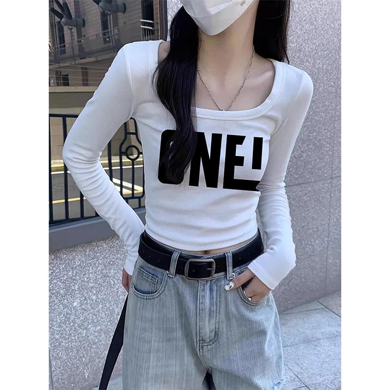 纯欲风棉质字母印花短款长袖打底衫女秋季辣妹时尚修身U领t恤上衣