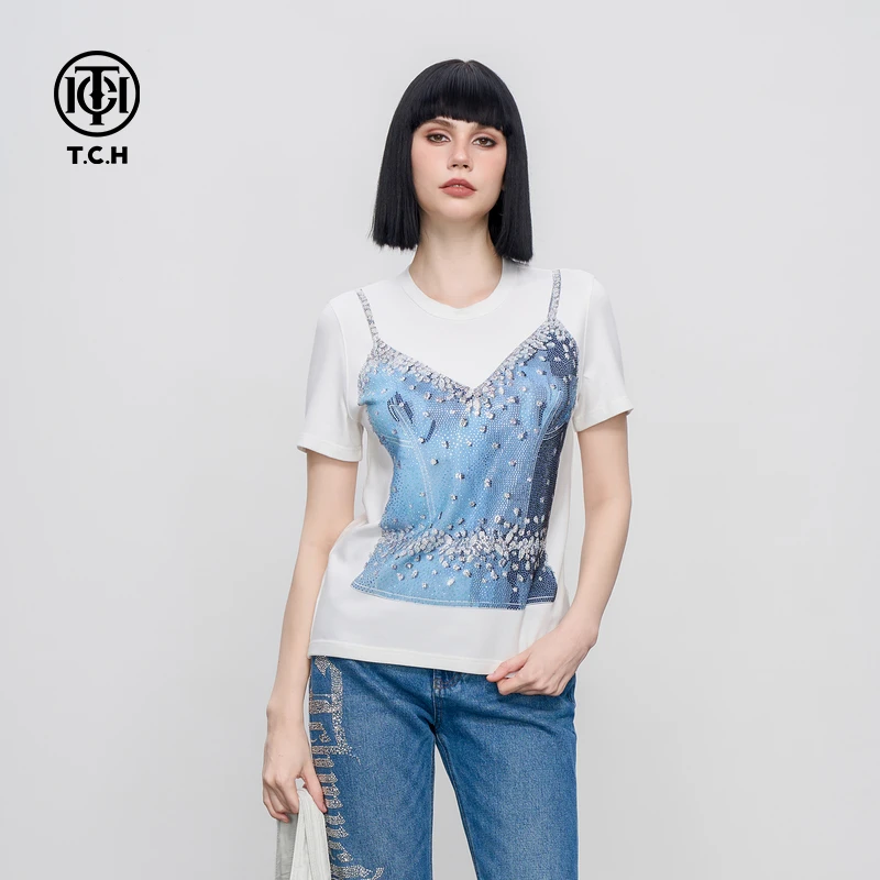 TCH2025夏季新款时尚潮流设计短款烫钻假两件短袖T恤女T75B106155