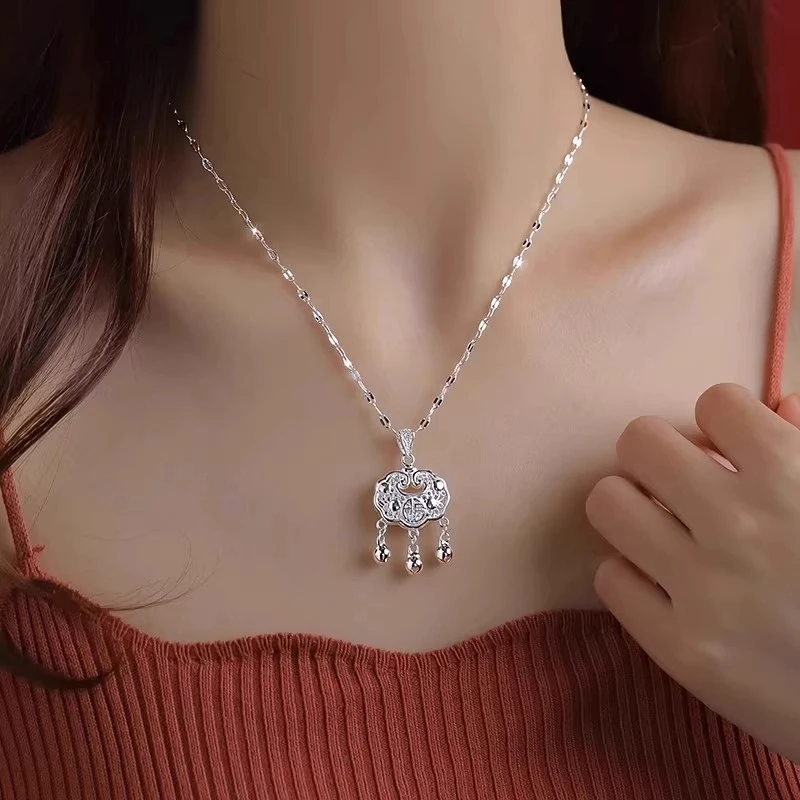 坠链均足银 中国银都999纯银平安锁项链百搭锁骨链生日礼物送女友