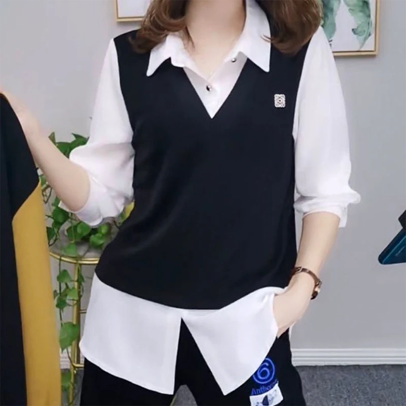 假两件衬衫女春夏新款上衣宽松显瘦遮肉妈妈装大码时尚百搭打底衫