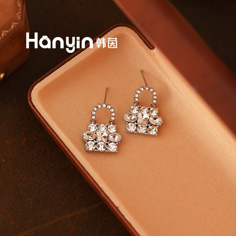 铜合金合成锆石耳饰 925银针韩版气质满镶包包耳钉时尚冷淡风AAA