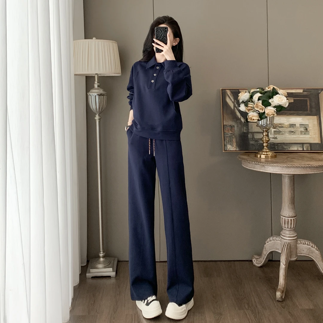 休闲运动套装女春秋爆款显瘦减龄洋气时尚翻领卫衣阔腿裤两件套