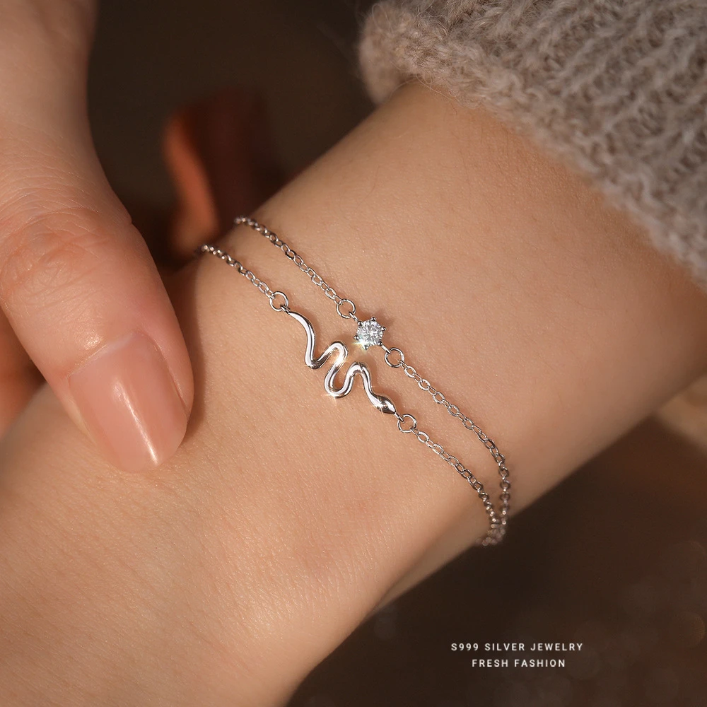 足银手链 s999足银手链小灵蛇双层轻奢百搭小众生肖手饰气质时尚