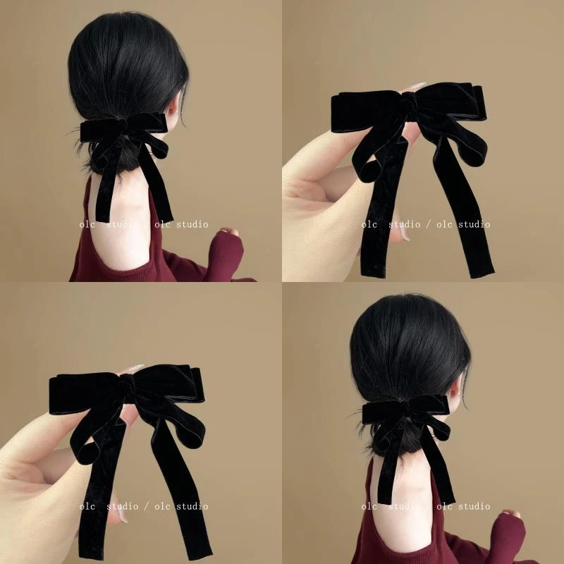 赫本风格~黑色蝴蝶结丝绒发夹复古法式弹簧发夹小香风后脑勺发饰