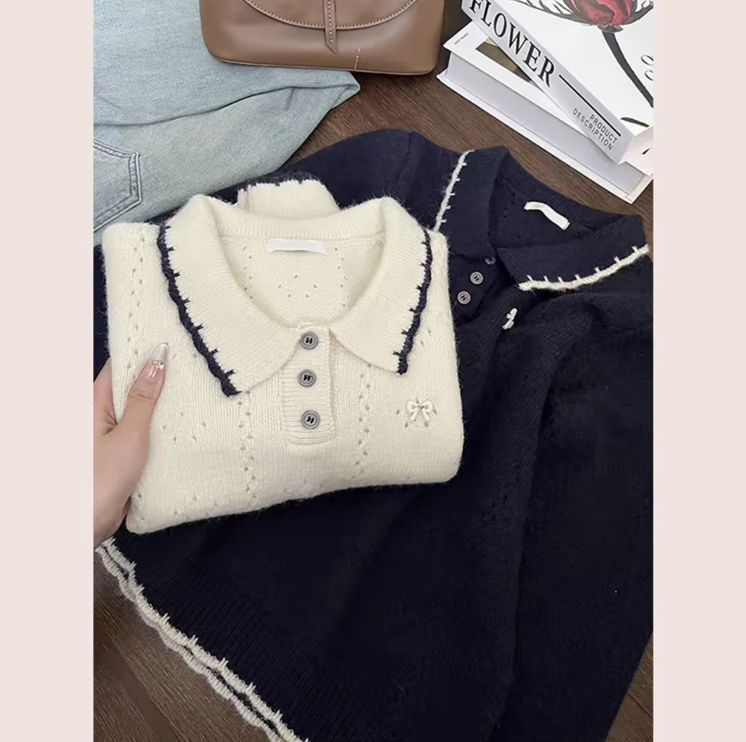 学院风拼色翻领蝴蝶结刺绣套头毛衣女2025秋冬新款针织衫上衣2554