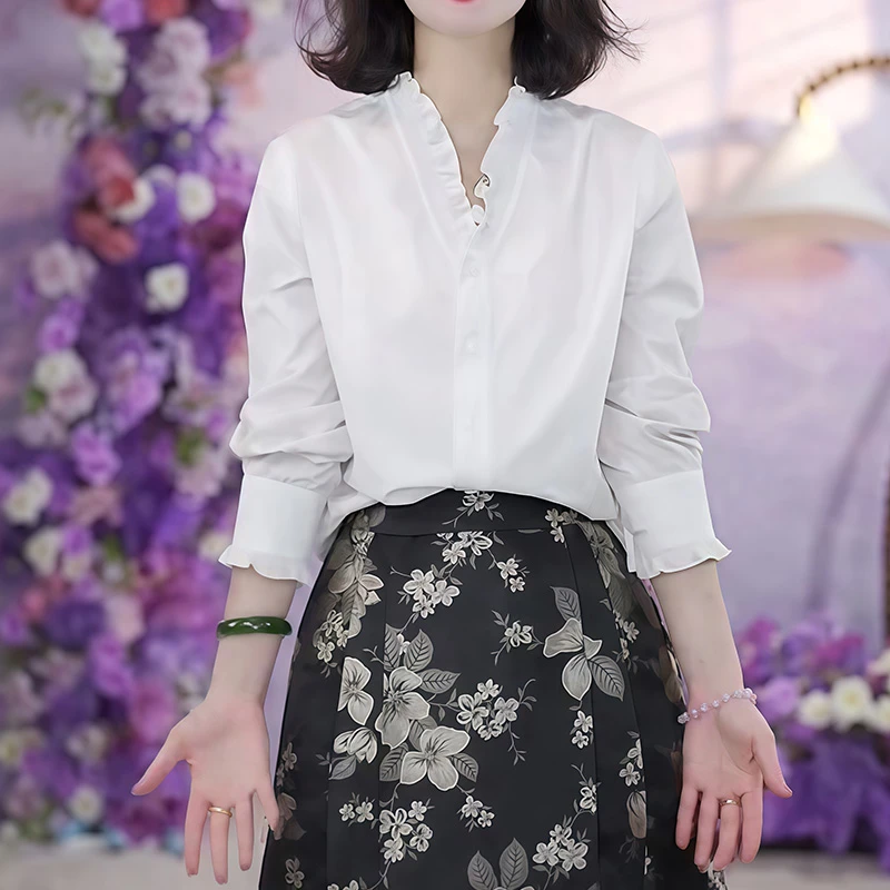 木耳边v领长袖衬衫秋冬叠穿内搭法式高级感花边领打底衬衣女上衣