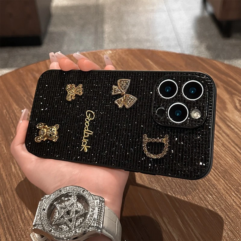闪片黑色蝴蝶小熊适用苹果16手机壳iphone15皮纹套14时尚高级配件