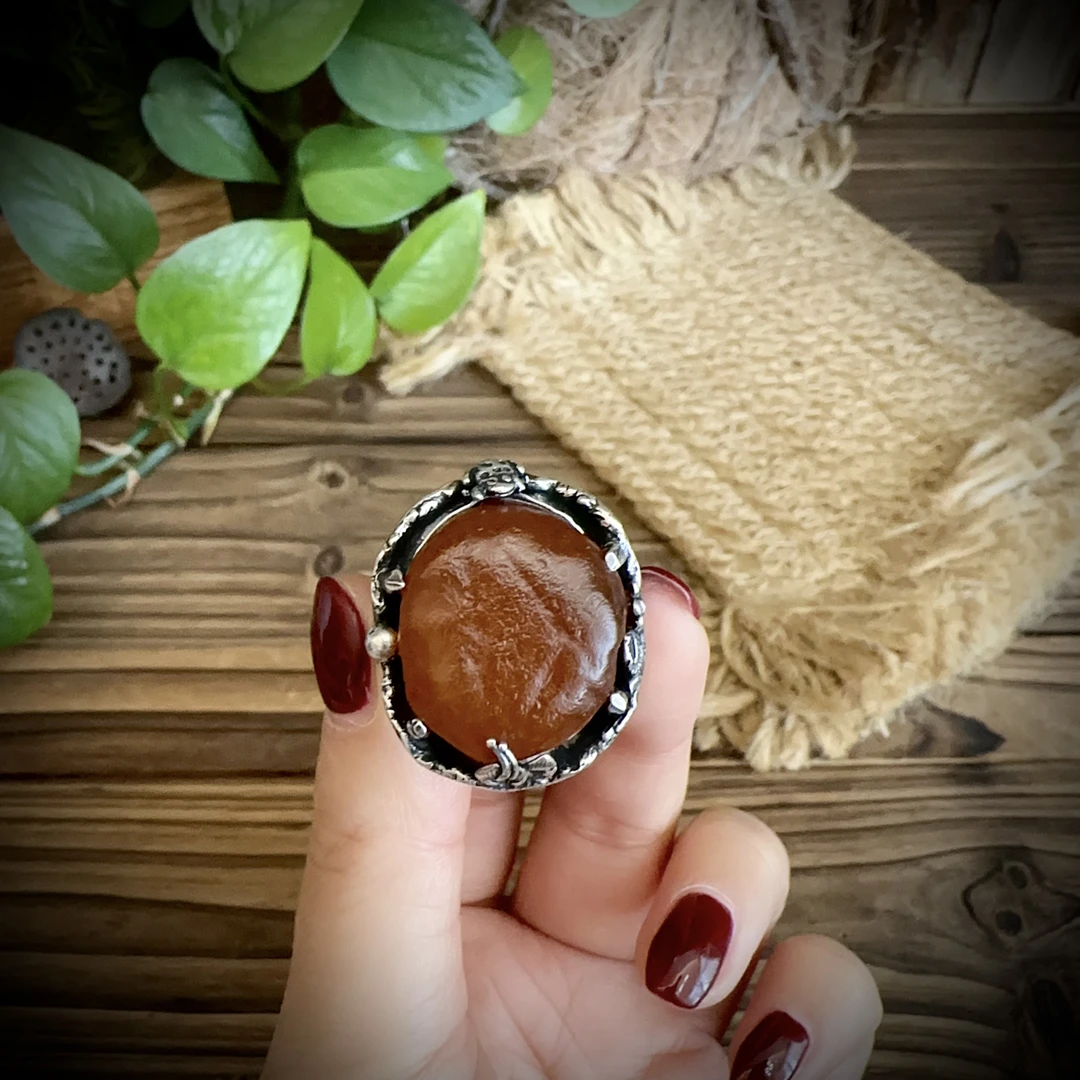 【古香古色】复古s925银蜜蜡琥珀戒指（开口可调节）