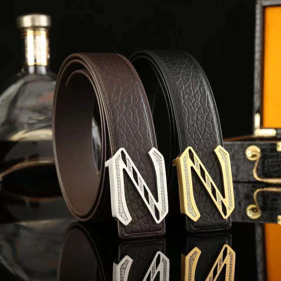 大象纹套装光身男百搭腰带内穿式自动扣皮带黑色光面男士高档商务