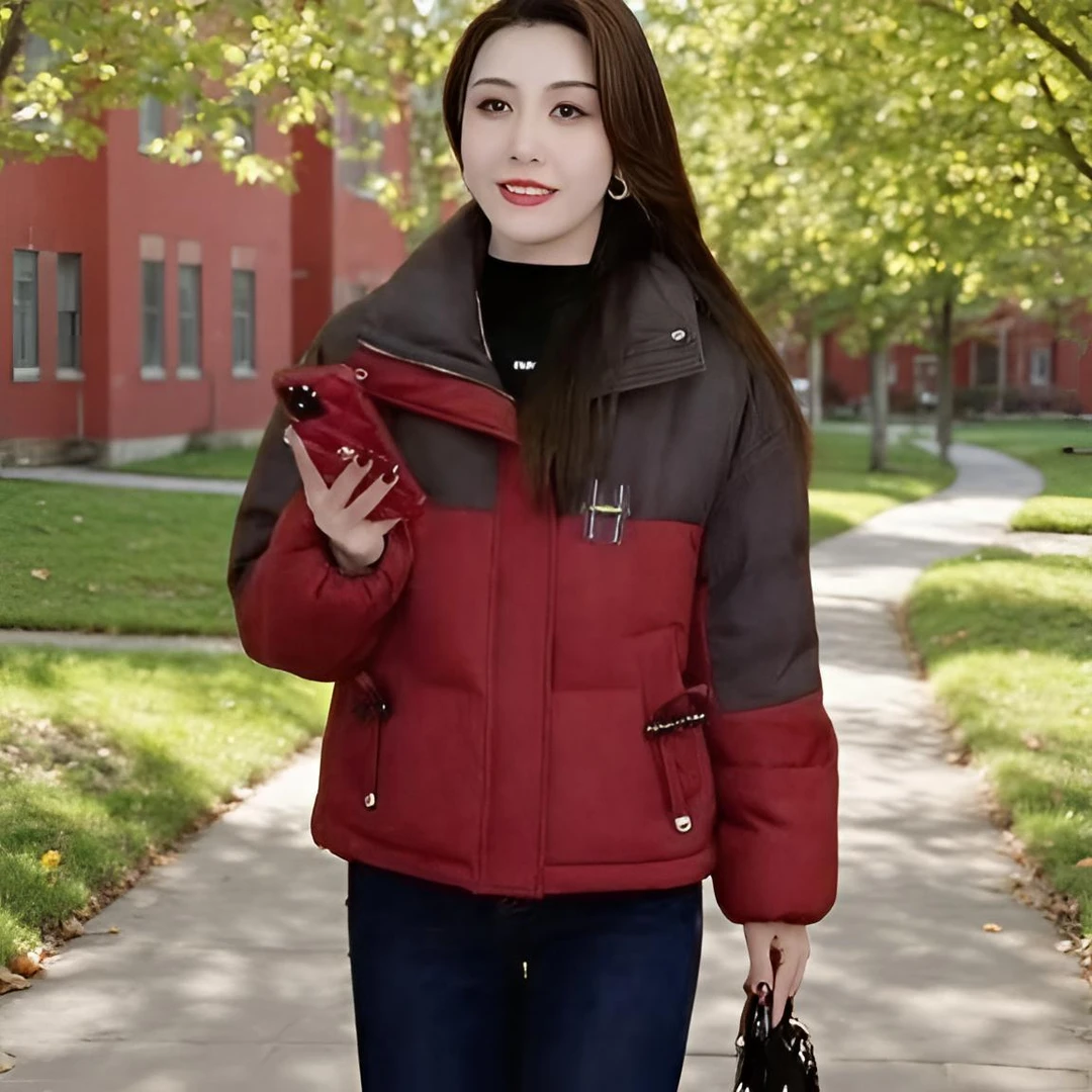 冬季洋气撞色棉衣女短款面包服韩版宽松加厚冬季棉服拼接外套棉袄