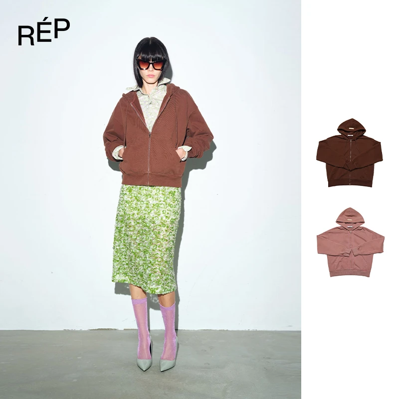 REP-COEMES设计师品牌咖色/粉色拉链连帽外套 25FW新款