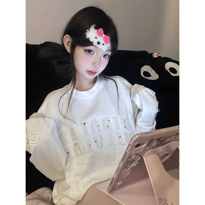 小众别致字母刺绣白色纯棉长袖T恤女春秋季韩系穿搭宽松休闲上衣