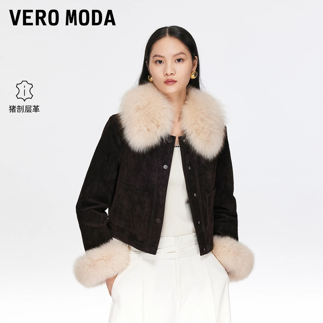 Vero Moda皮衣2025冬季新款可拆狐狸毛领外套复古时尚325428001