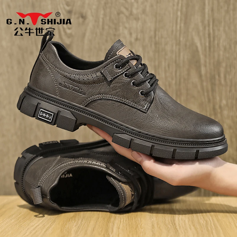 公牛世家男鞋经典休闲商务皮鞋2025新款复古系带厚底防滑工作皮鞋