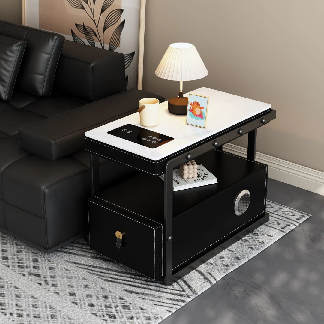 全实木可移动多功能沙发边柜马鞍皮意式轻奢边几高级感智能侧边柜