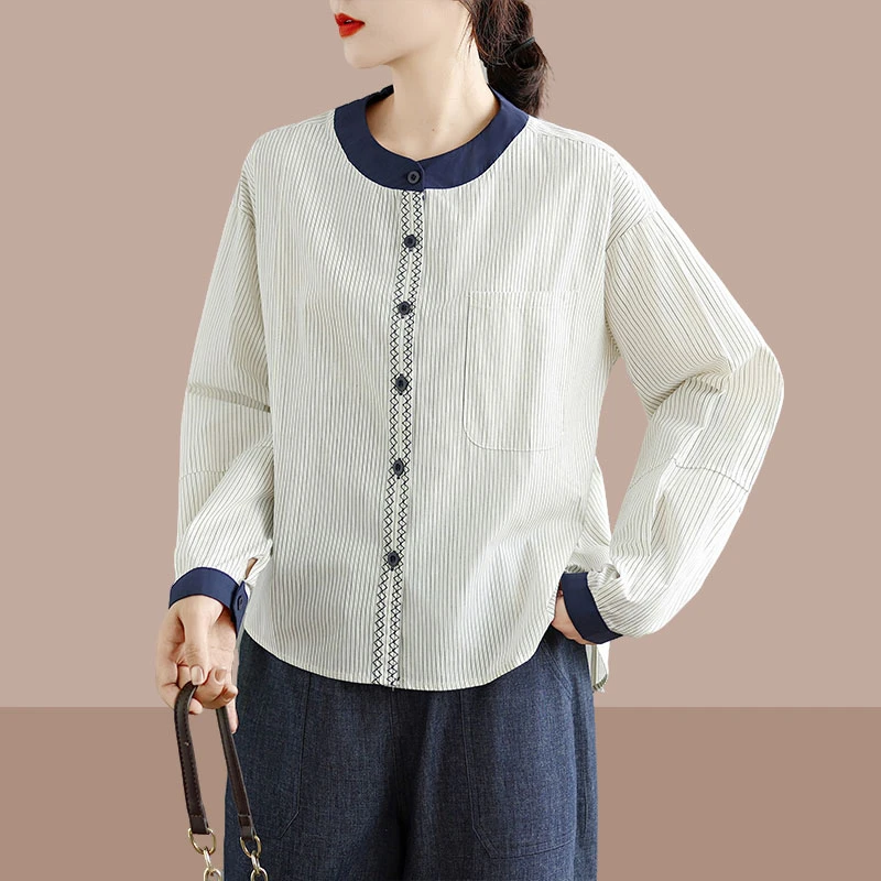 韩系超好看撞色圆领条纹长袖衬衫女秋高级感chic别致上衣气质小衫