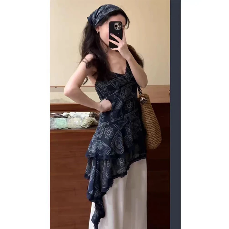 高级感时尚套装女夏季不规则下摆印花吊带上衣阔腿休闲裤两件套