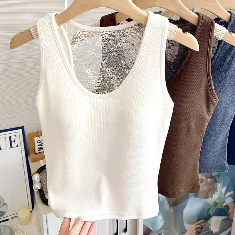 螺纹棉吊带背心女带胸垫美背文胸一体固定杯秋季新款内搭打底上衣