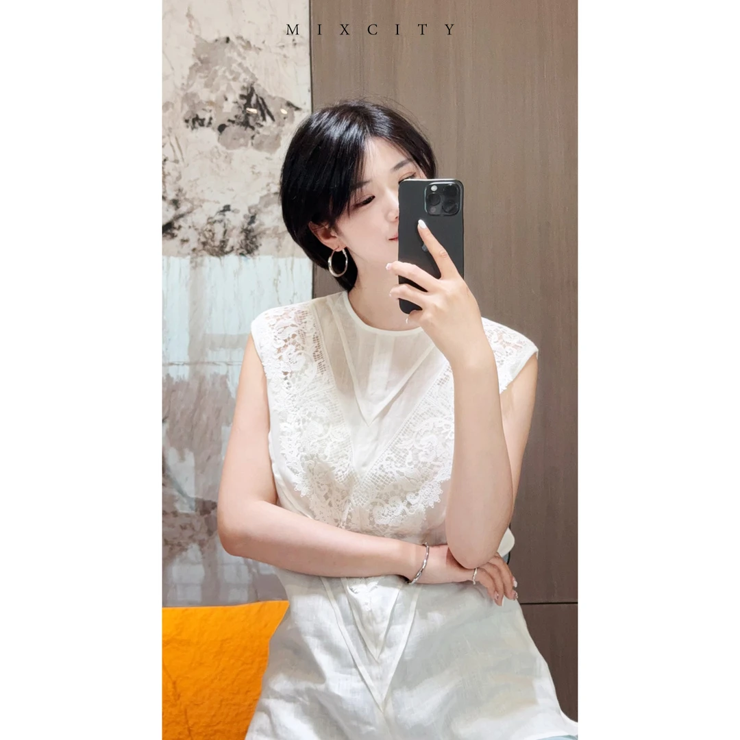 【亚楠本楠】香罗衫◆拼接蕾丝重工精致感亚麻无袖衬衫7537