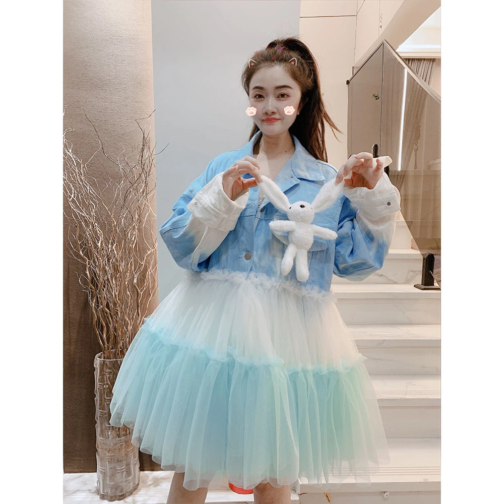 重工定制可爱公仔渐变色牛仔撞色拼接网纱牛仔外套连衣裙女