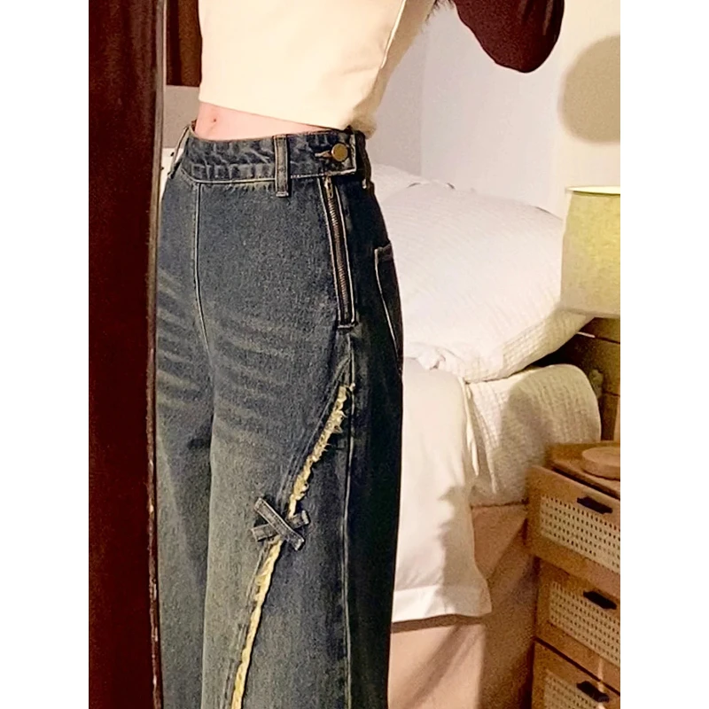 大码设计感侧边拉链毛边蝴蝶拼接阔腿牛仔裤女夏季复古宽松拖地裤