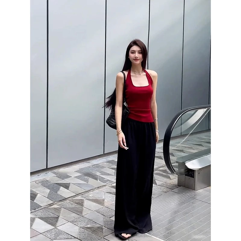 吊带女士港味酒红色别致挂脖遮副乳露背削肩针织方领夏季修身上衣