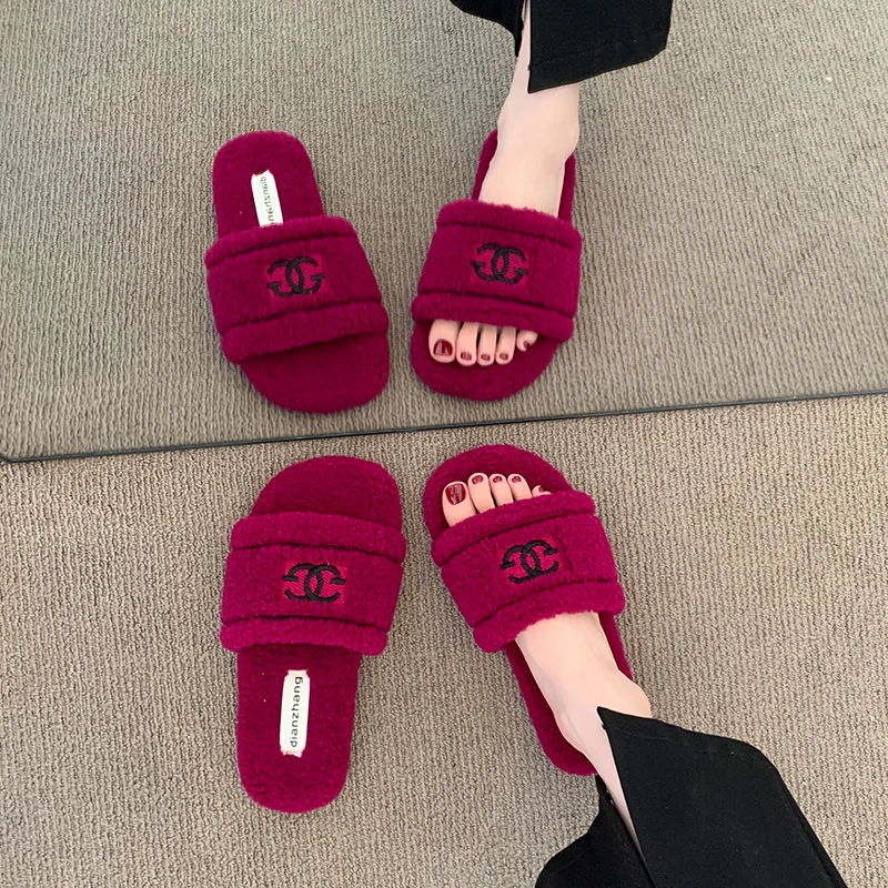 小香风毛毛拖鞋女款外穿2025秋冬新款百搭火龙果居家防滑棉拖鞋