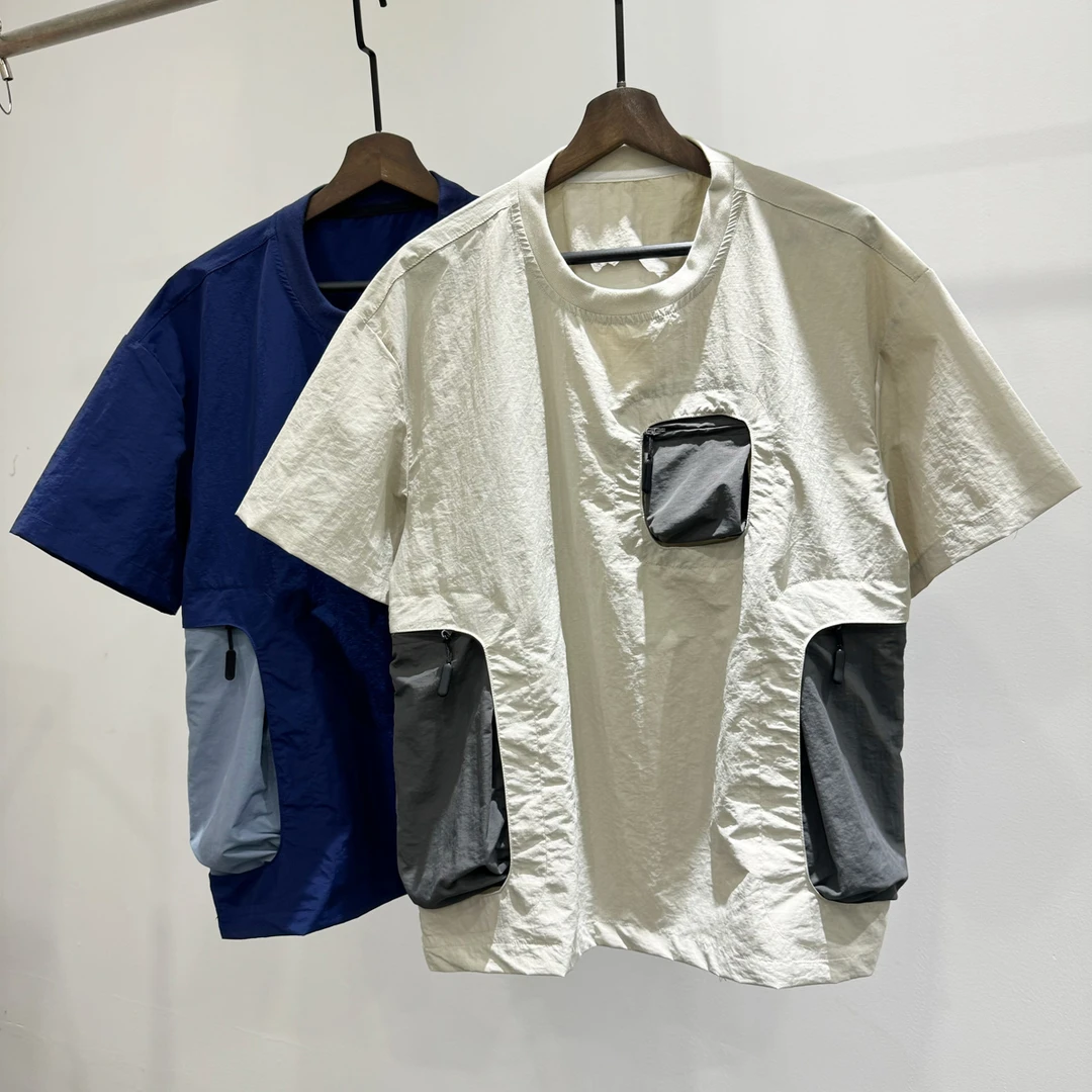 现货拼接撞色立体大口袋圆领短袖T恤潮牌INS男士夏季宽松百搭上衣