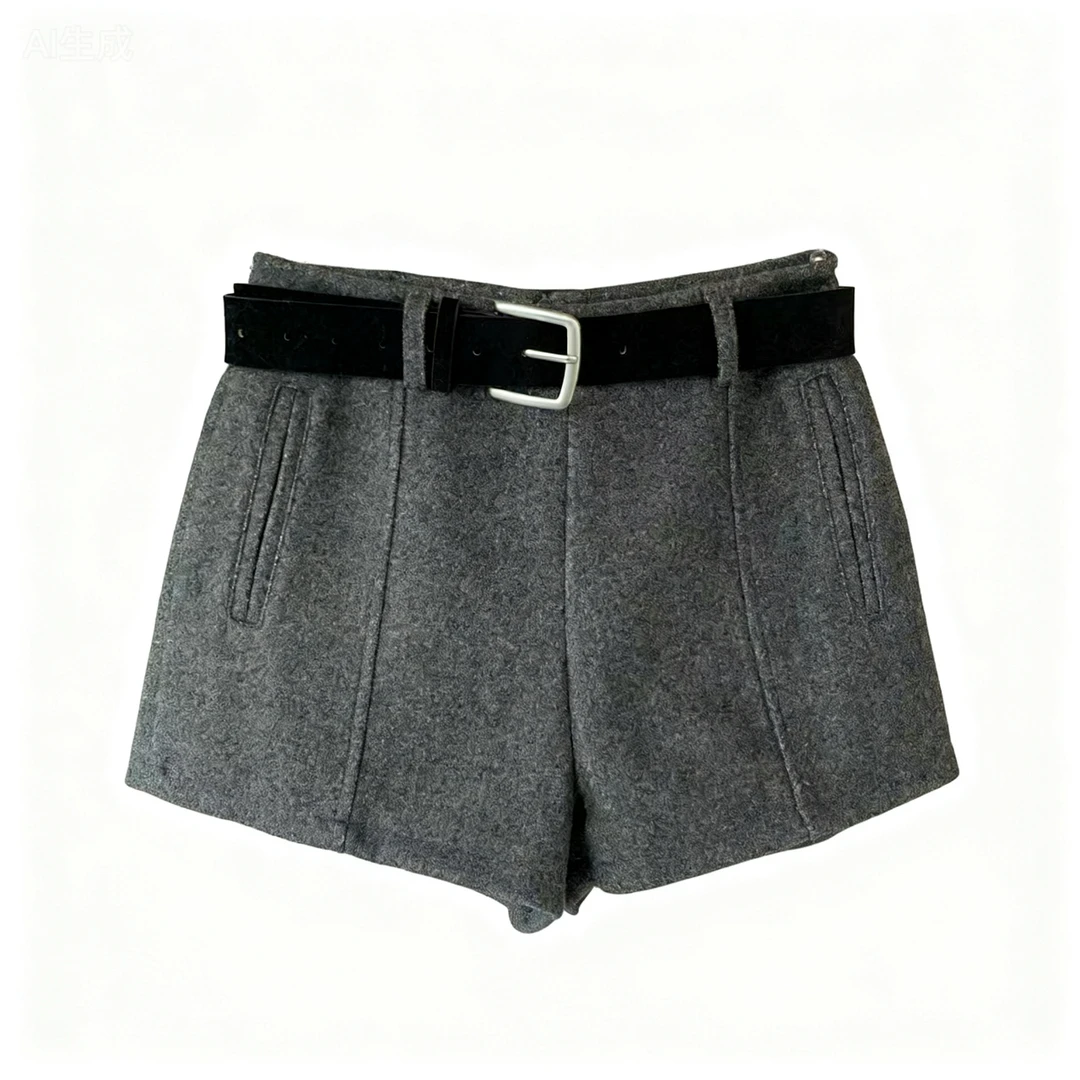 原版复古气质高腰显瘦阔腿毛呢短裤女秋冬百搭时尚