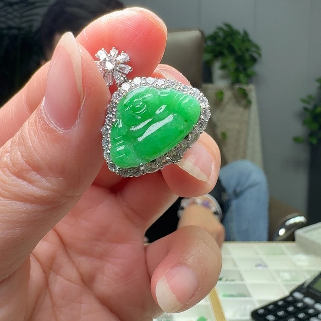翡翠银S925镶嵌吊坠(不含链)天然