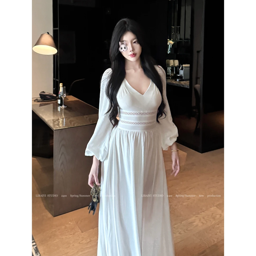 现货LIBAIYI “蛮腰精”/法式蕾丝花边长袖收腰连衣裙1753