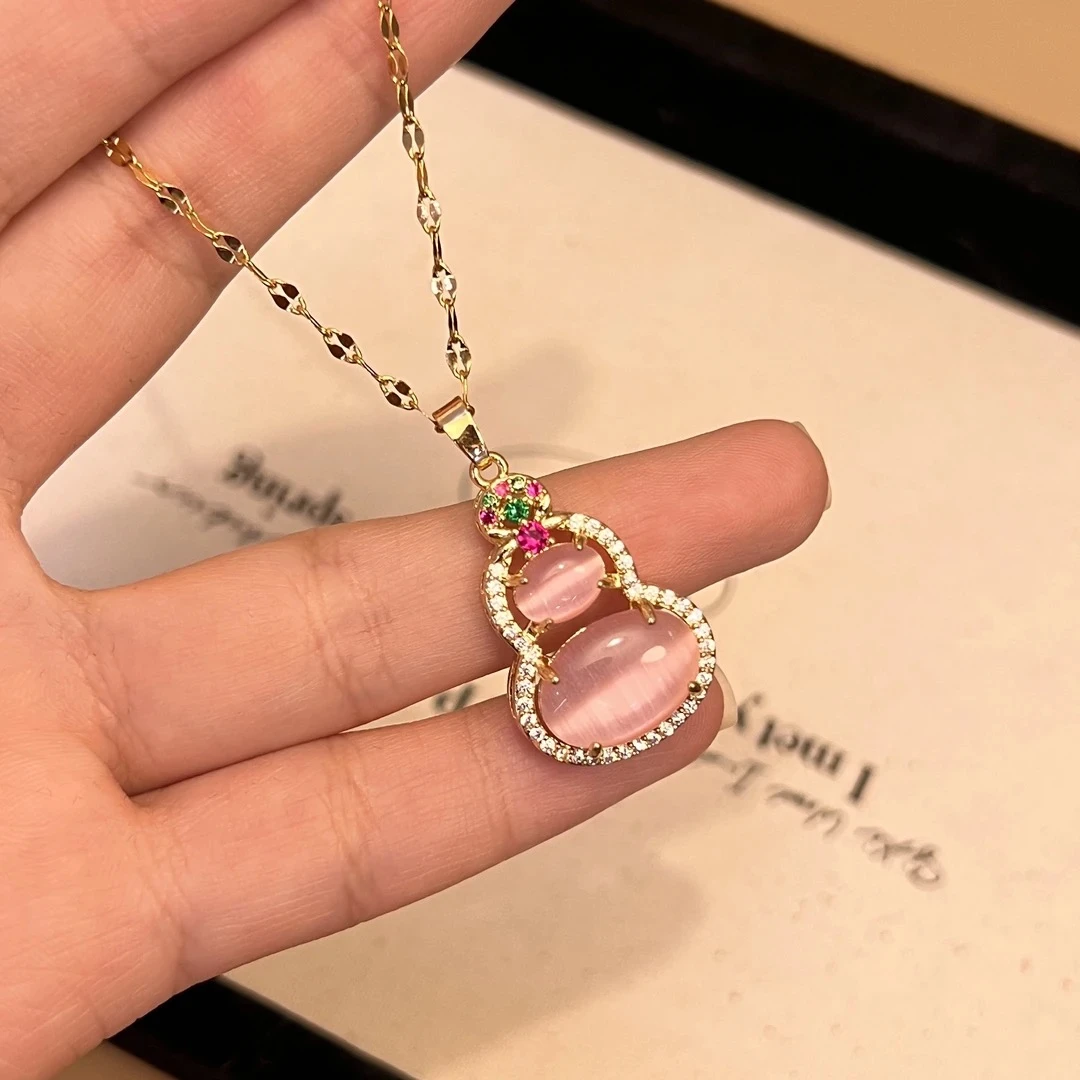 钛钢项链 B201时尚百搭气质简约粉色猫眼石葫芦项链