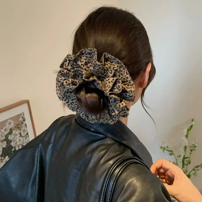 复古豹纹双层大肠发圈精致扎发盘发头绳女高级感发绳皮筋头饰发饰