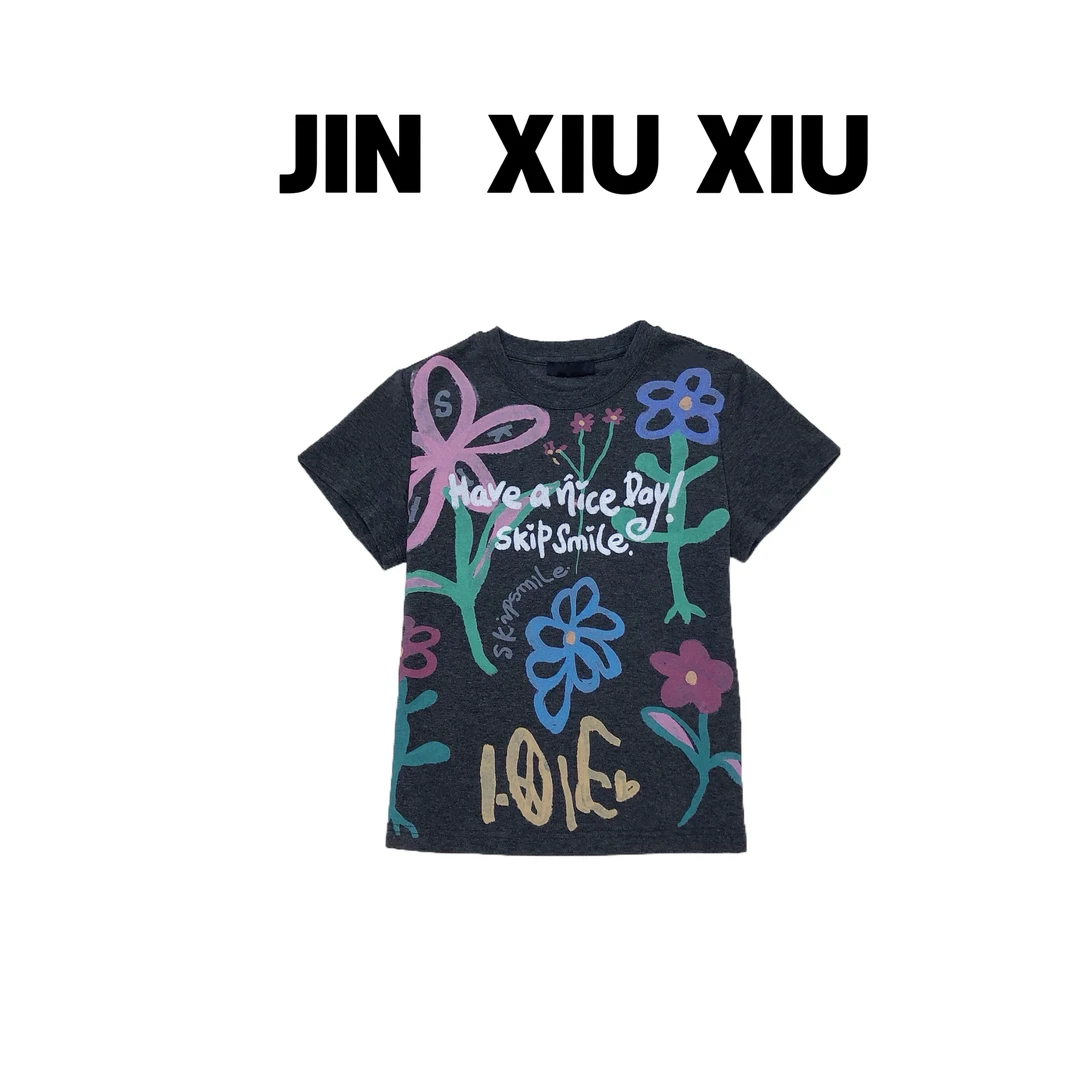 JINXIUXIU春夏新款小花印花字母韩系甜美短袖193